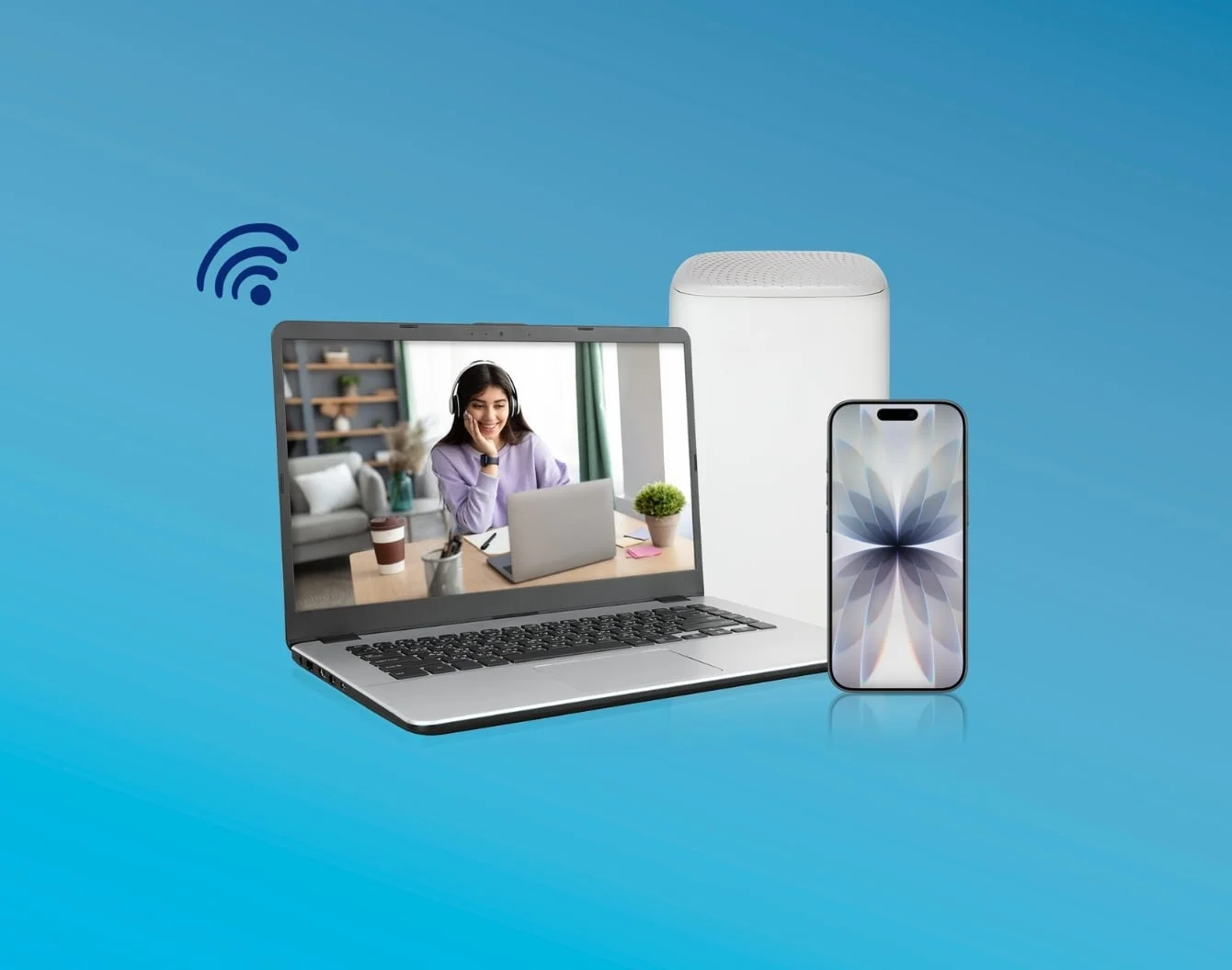 A girl smiles while wearing white headphones sitting at the kitchen table inside of a laptop screen next to a white wifi modem behind a white iPhone 16e device.